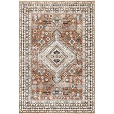 an orange and white rug with geometric designs on the bottom, in different colors and sizes