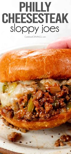 a close up of a sandwich on a plate with the words sloppy joes written above it