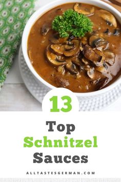 Schnitzel sauce in a white bowl on a white plate. Rahm Schnitzel Recipe, Spetzel Recipe, Beef Schnitzel, Easy German Recipes