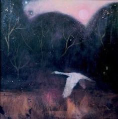 a painting of a white bird flying in the night sky over trees and hills with pink clouds