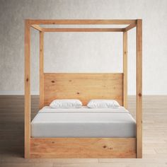 a wooden bed frame with white sheets and pillows in a minimalistic bedroom setting, 3d rendering