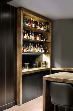 a bar with stools and bottles on the shelves in front of it, next to a counter