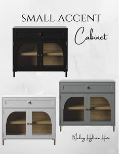 small accent cabinet with doors and shelves in various colors, including white or gray wood