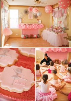 a birthday party with pink decorations and balloons