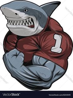 a shark with a football jersey on it's chest and his hands behind his back