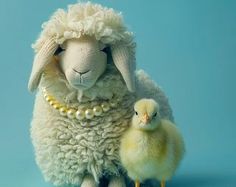 a stuffed sheep sitting next to a small duckling on a blue background with a light blue backdrop