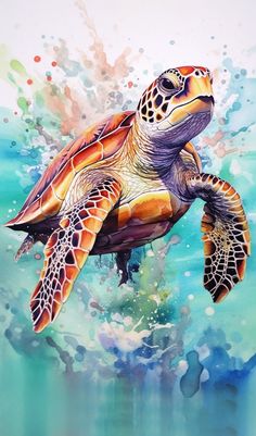 a painting of a sea turtle swimming in the ocean with splashing water around it