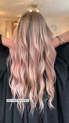 Pale Pink And Blonde Hair, Unique Blonde Hair Color Ideas Fun, Champagne Blonde Hair Rose Gold, Pink Balayage Blonde, Pink Toned Blonde Hair, Subtle Pink Hair, Pink Highlights In Blonde Hair, Pink Balayage Hair, Hair Long Blonde