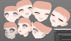 an animation character's head is shown with different facial shapes and haircuts