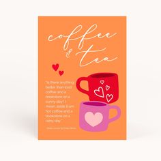 a greeting card with coffee and hearts on the front, in pink and orange colors