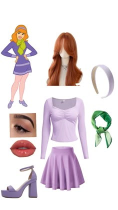 a woman with red hair wearing purple clothes and accessories including shoes, bracelets, headband