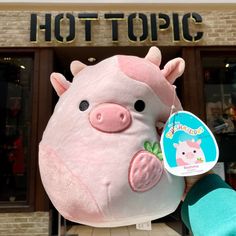 a person holding a pink stuffed pig in front of a store with the words hot topic on it