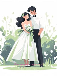 a bride and groom standing next to each other in front of green plants on the ground