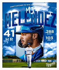 a baseball player standing on top of a field next to a blue and white poster