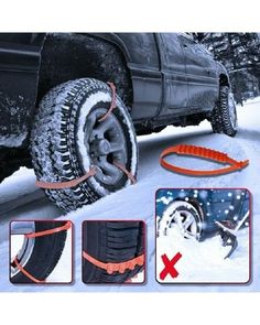 an image of snow chains attached to the tires of a truck in the snow with instructions on how to use them