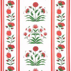 a red and white wallpaper with flowers and leaves on the border, along with stripes