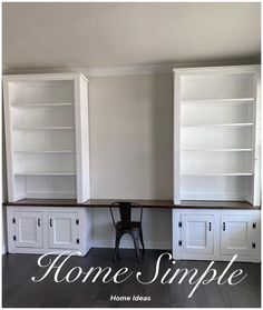 some white cupboards and chairs in a room with wood flooring that says home simple