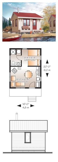 the floor plan for a small cabin with an attached bathroom and living room, as well as