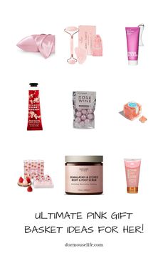 the ultimate pink gift basket for her is on display in front of a white background