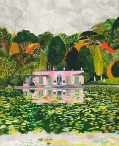 a painting of a pink house in the middle of a lake with trees around it