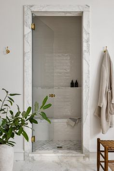 a bathroom with marble walls and flooring next to a potted plant in the corner