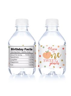 sweet peach birthday party water bottle labels Water Bottle Party Favors, Peach First Birthday Party, Water Bottle Lables, Bottle Party Favors, Peach First Birthday, Water Bottle Wraps, Water Birthday, Customised Water Bottles, Personalized Water Bottle Labels