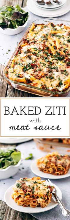 baked zitti with meat sauce in a casserole dish on a wooden table