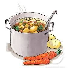 a pot filled with soup next to carrots and potatoes