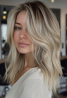 Blonde Highlights And Face Framing, Ash Blonde Hair Shadow Root, Collarbone Length Hair With Side Part, Medium Length Blonde Hair With Lowlights, Blonde Bob With Shadow Roots, Soft Dimensional Blonde, Blonde Balayage 2024, Blonde For Brown Eyes, Collar Bone Length Hair Blonde