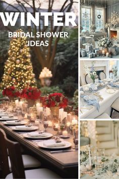 the winter bridal shower is decorated with candles, flowers and christmas trees in vases