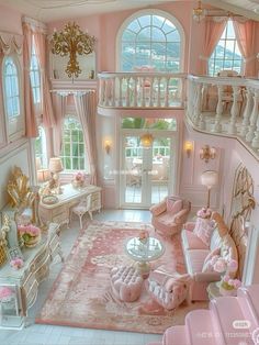 a living room filled with pink furniture and lots of windows on top of the walls