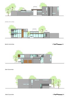 three diagrams showing the different sections of a building with trees and bushes on each side