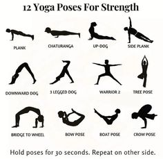 the 12 yoga poses for strength are shown in black and white, with instructions on how to do them