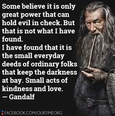 an old man with long grey hair and beard holding a stick in his hand, texting some believe it is only great power that can hold evil in check but that