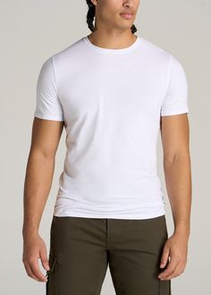 American-Tall-Men-Essential-SLIM-FIT-Crew-Neck-Tees-White-front White Short Sleeve Shirt For Layering, Essentials Crewneck, White Tee Men, Men In White, Baggy Shirts, White Tshirt Men, Tall Men, Men Fits, Slim Fit Shorts