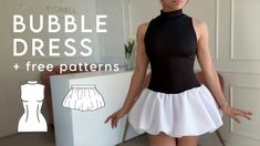 a woman wearing a black top and white skirt with the words bubble dress plus free patterns