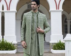 Buy Embroidered Georgette Sherwani Online in India - Etsy Couples Attire, Isi Agu, Nigerian Traditional Dresses, Blazer Outfits Men