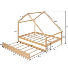 a wooden bed frame with measurements for the top and bottom bunks on each side