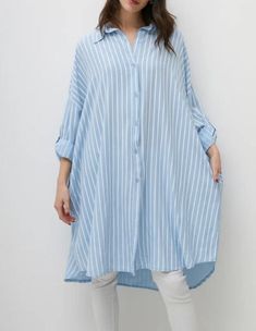 Elevate your summer wardrobe with our Stripe Oversized Shirt Dress. This loose and lightweight dress is designed for ultimate comfort and style. Embrace the relaxed fit and elongated silhouette for a versatile and effortless look. Perfect for any summer occasion, this dress is a must-have for the season. Ladies Italian Lagenlook Lightweight Stripe Long Shirt Dress  Oversized Shirt Dress Roll Tab Long Sleeves Drop Shoulder 2 Side Pockets One Size  Soft and Lightweight Loose and Flowy Perfect for Long Shirts For Women, Dress Design Pakistani, Kurti Styles, Mini Frock, Shirt Dress For Women, Long Shirt Women, Loose Shirt Dress, Pregnancy Dress, Muslim Outfits Casual