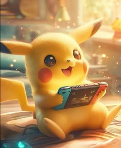 the pikachu is holding a game controller and looking at it's screen