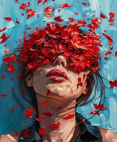 a painting of a woman with red butterflies on her head