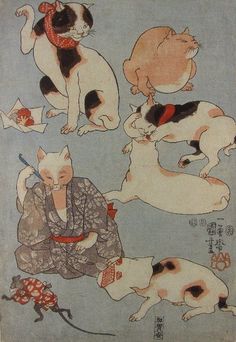 an old japanese painting with cats and dogs on it's back, in various poses