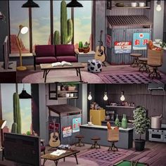 two pictures of a living room with furniture and cactus