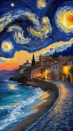 an oil painting of a night scene with stars and the ocean