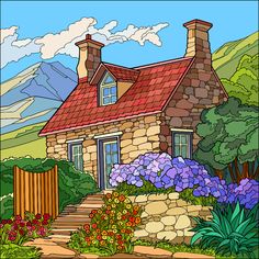 a drawing of a house with flowers and mountains in the background