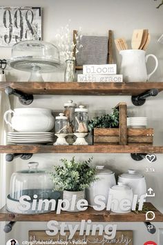 the shelves in this kitchen are filled with dishes and utensils, such as plates