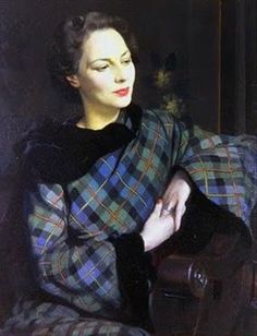 a painting of a woman sitting on a couch wearing a tartan coat and holding a suitcase