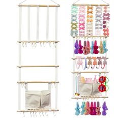 a rack with several pairs of shoes hanging from it's sides and an image of the