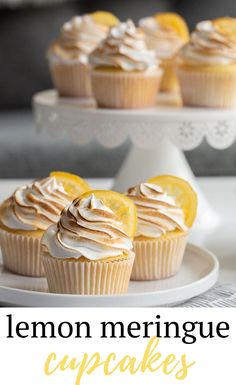 lemon meringue cupcakes on a white plate with the title overlay