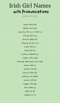 irish girl names with pronounctions in english and spanish on a green background